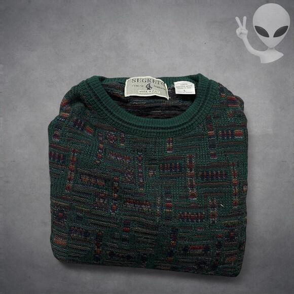 Segreto Merino Wool Sweater Large Green Patterned Crewneck Pullover Vintage 90s - Picture 5 of 5